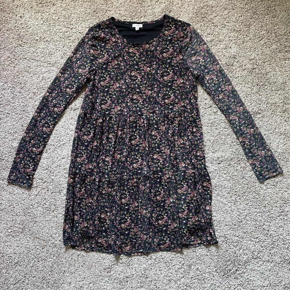 - Love, Fire - Black Floral Fit and Flare Dress with Sheer Sleeves